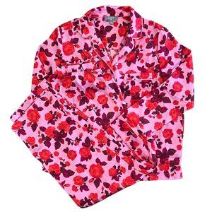 Loft Satin Pajama Set Small Pink Red Floral Button Top Pants Romantic Valentines